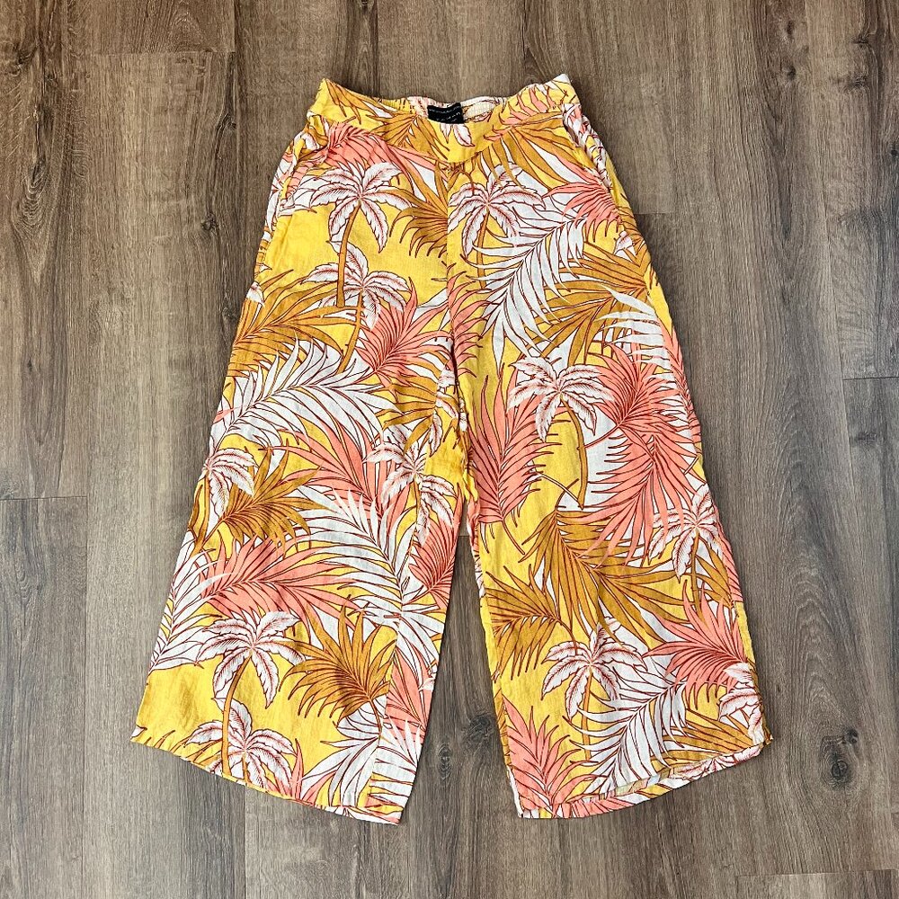 Tahari 100% Linen Wide Leg Cropped Pants Size S Tropical Hawaiian Sz M